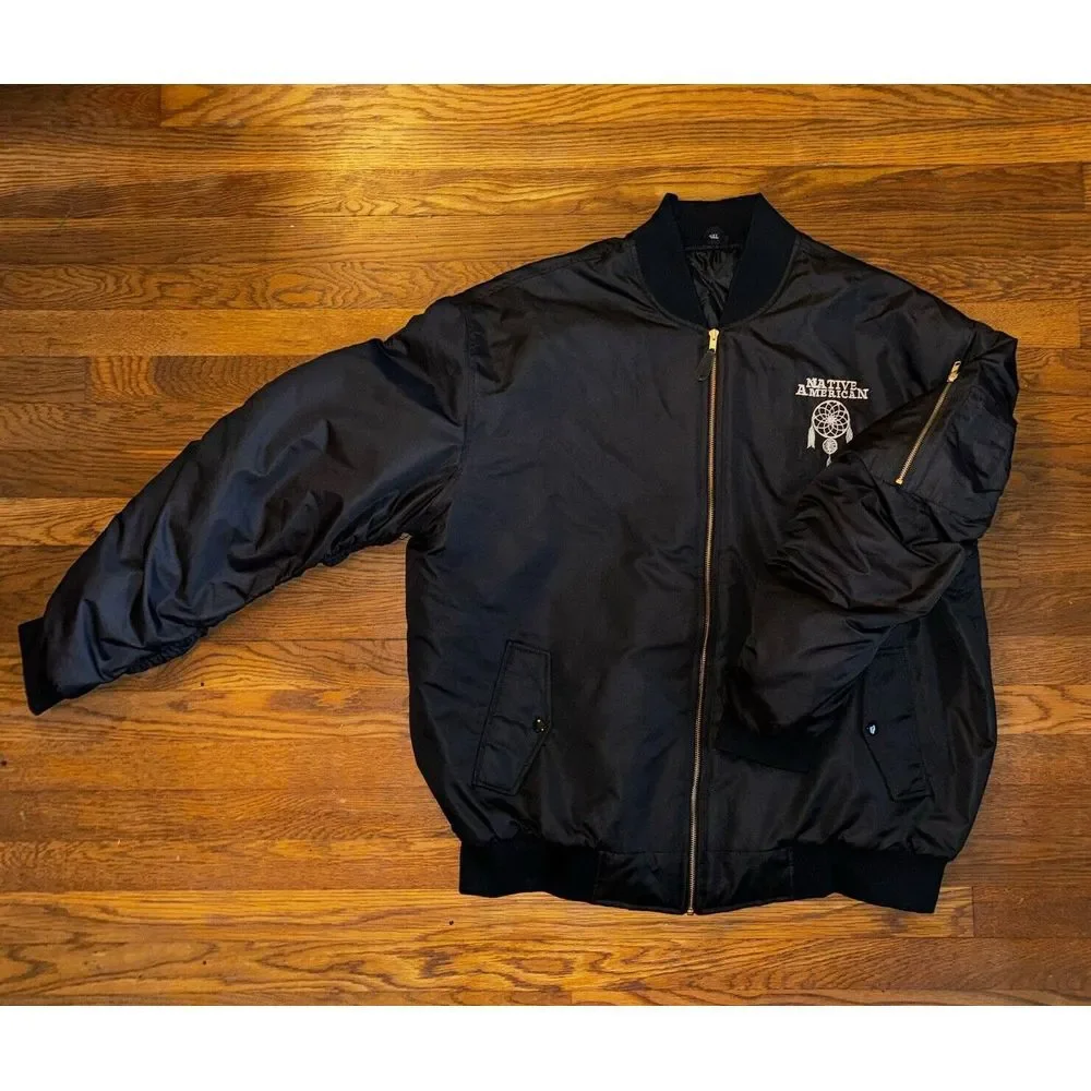 Native American Indian Varsity Bomber Jacket Men's‎ 4XL Black Dreamcatcher Biker